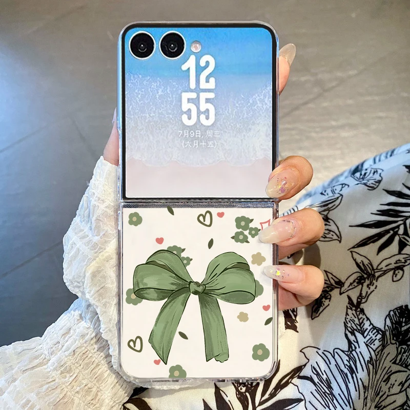 Green Bow Pattern Phone Case For Samsung Galaxy Z Flip 8 7 6 5 4 3 5G Flip8 Flip7 FE Flip6 Clear Shockproof Folding Hard Cover
