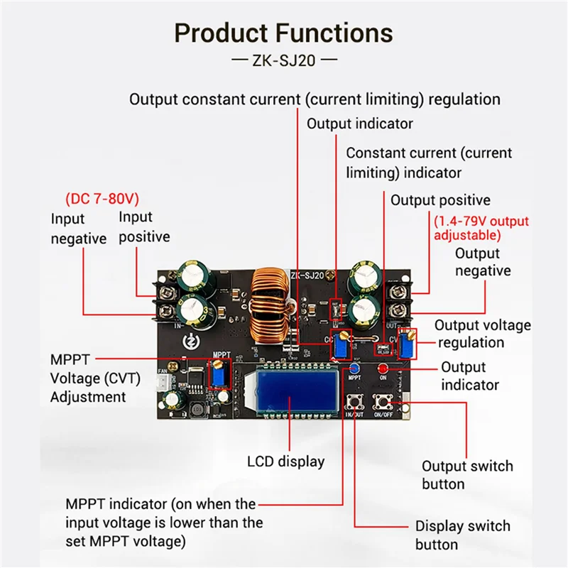 ABZZ-2X ZK-SJ20 Automatic Step Up Down Module MPPT With LCD Display Buck Boost Converter Power Supply Module Adjustable Board