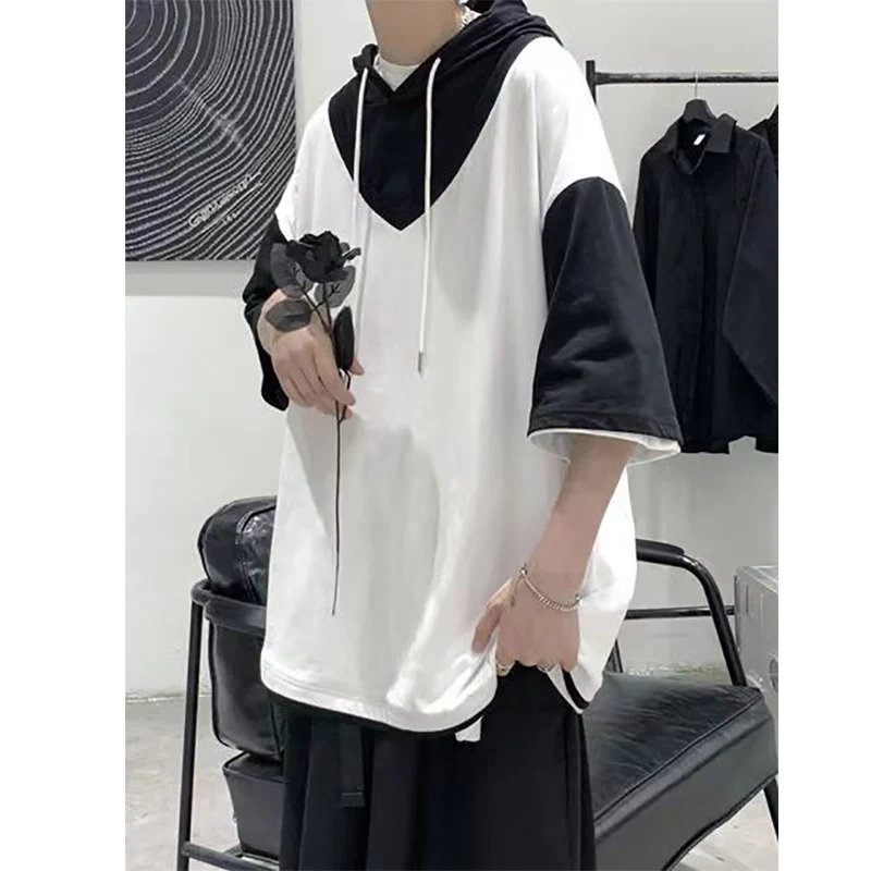 

Summer Fake Two Piece Men Short Sleeve Hooded Pullover Spliced Hit Color Fashion Harajuku Oversized Clothes Tee Black White Blue