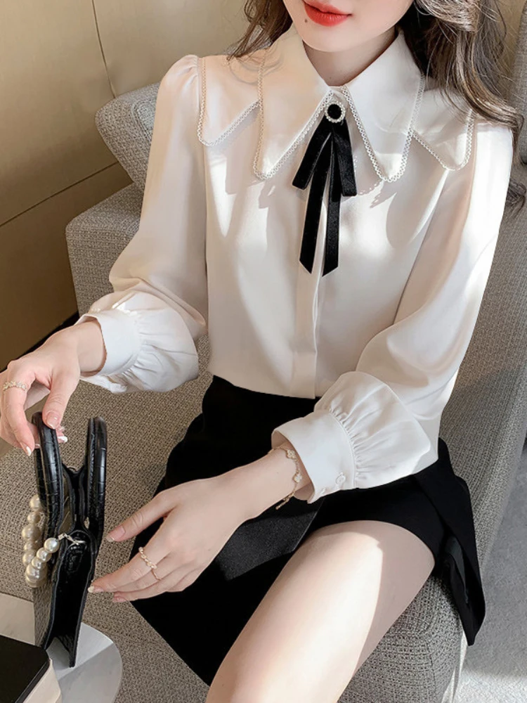 French Commuter Bow Chiffon Shirt Women's 2024 Spring Autumn New High Quality Puff Sleeve Slim-Fit Lapel Fashion Trendy Top