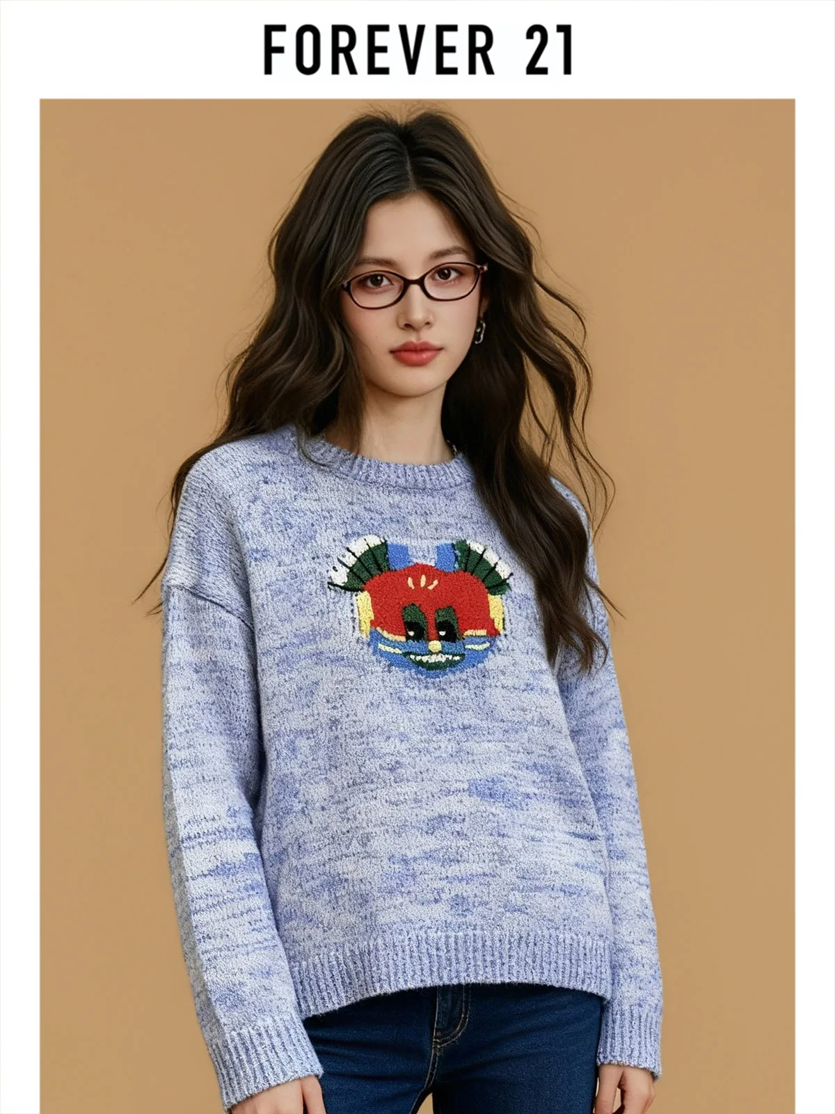 

Forever 21 Cartoon Patterned Casual round Neck Sweater Women's Fashionable Versatile Loose Fit Long Sleeve Autumn Top