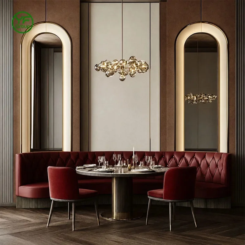 Luxury Half Circle Red Leather Commercial Hotel Restaurant and Marble Table Chair Set Booth Seating Restaurant Furniture