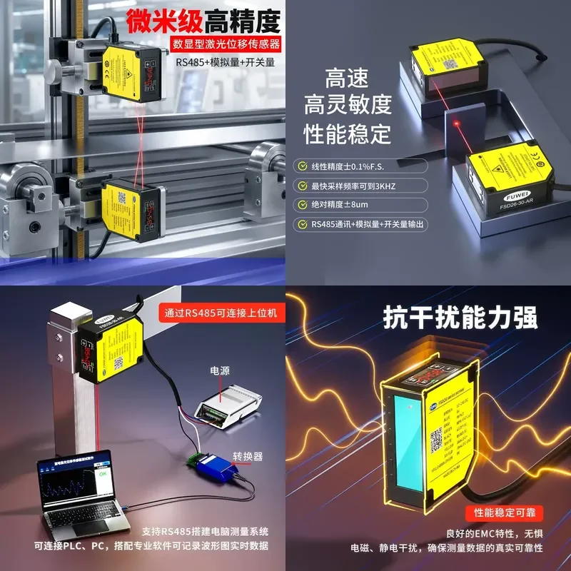 for Fuwei High Precision 2um Laser Displacement Sensor Thickness Flatness Deformation Ranging 485 Communication Analog