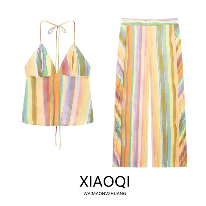 New 2026 Early Autumn Women's Fashion V-neck Back- Color-block Striped Hanging Collar Top Quality Material Student Uni...