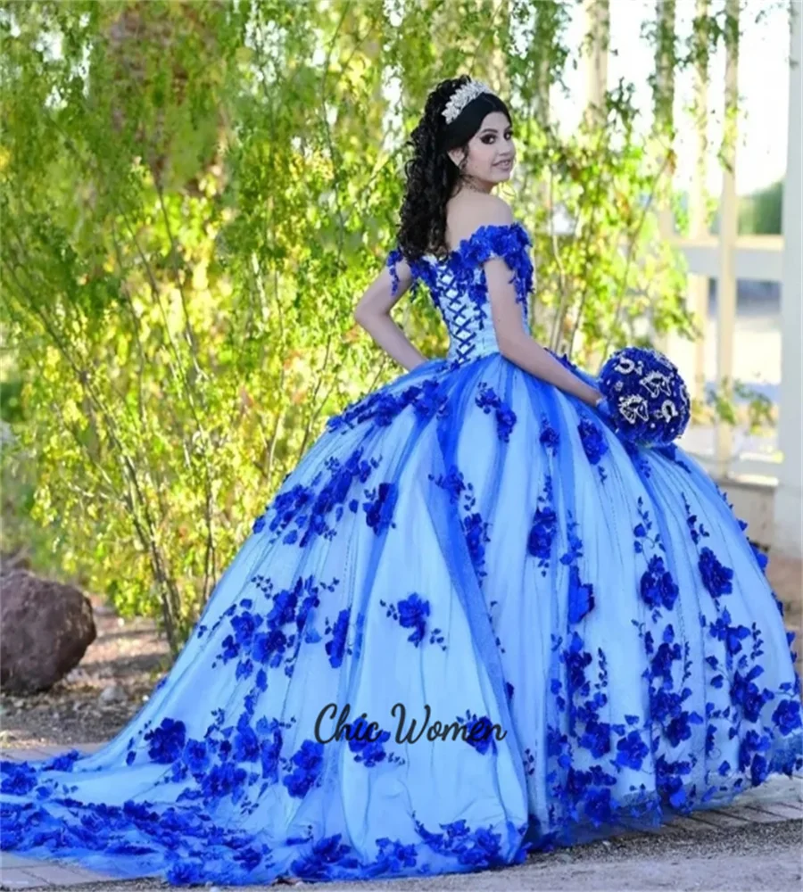 Royal Blue Florals Quinceanera Dress Princess Ball Gown Birthday Party Dance Vestidos De Xv Anos 15 Mexican Charro Customized