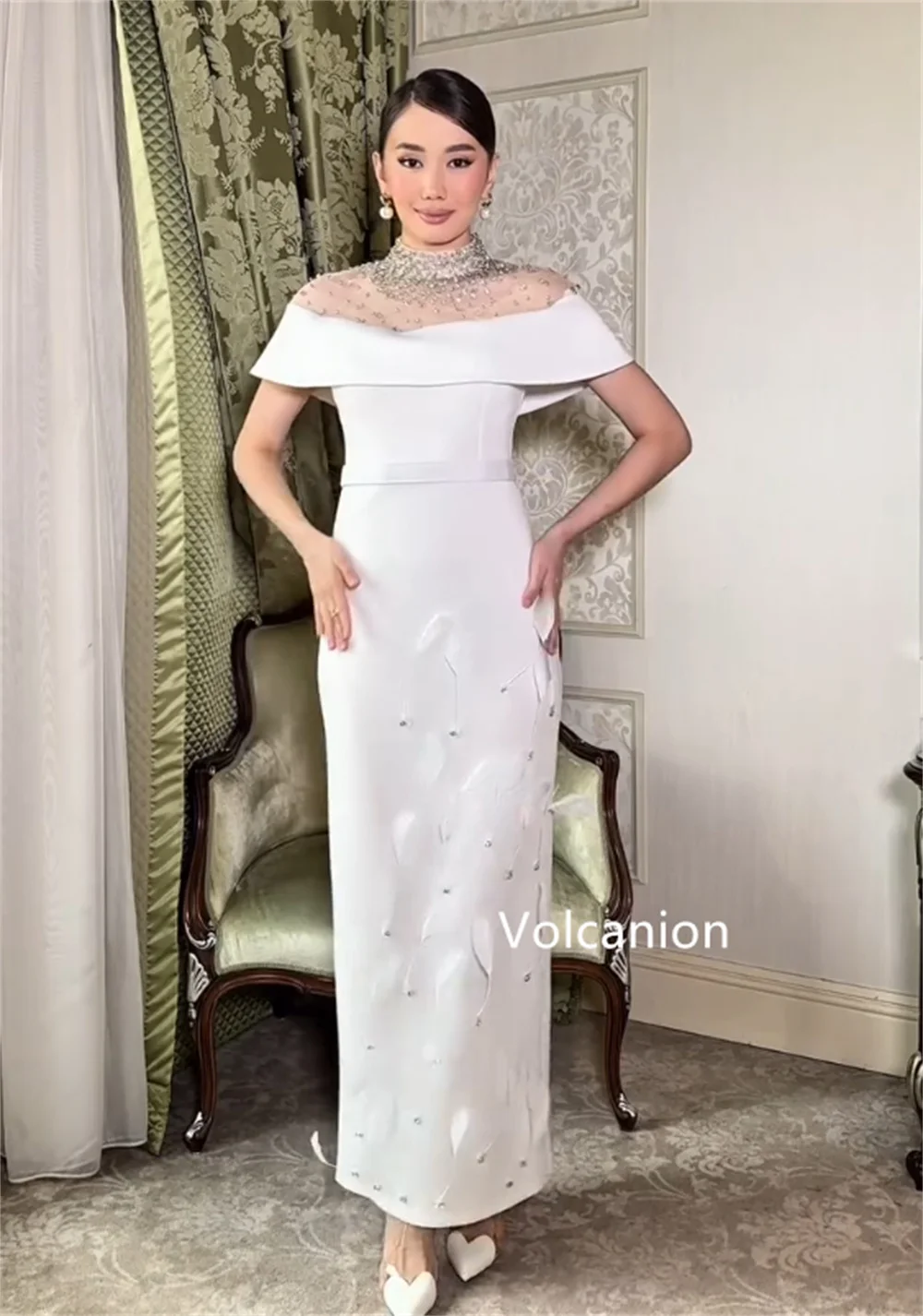 Прямые платья миди с джерси и поясом из джерси, расшитые блестками и перьями, с высоким воротником, на заказ, вечерние, элегантные, простые