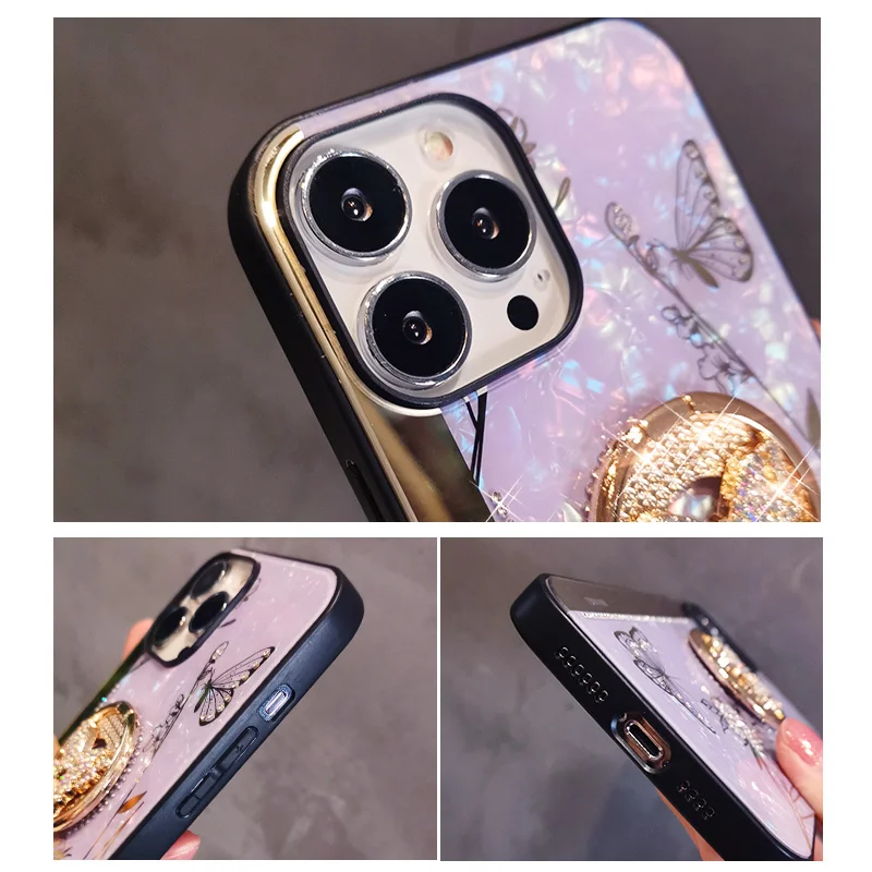 Custodia per telefono a farfalla con supporto ad anello per iPhone X XR XS 14 13 12 11 Pro Max 7 8 Plus SE2 Cover Luxury Creative Mirror Glitter