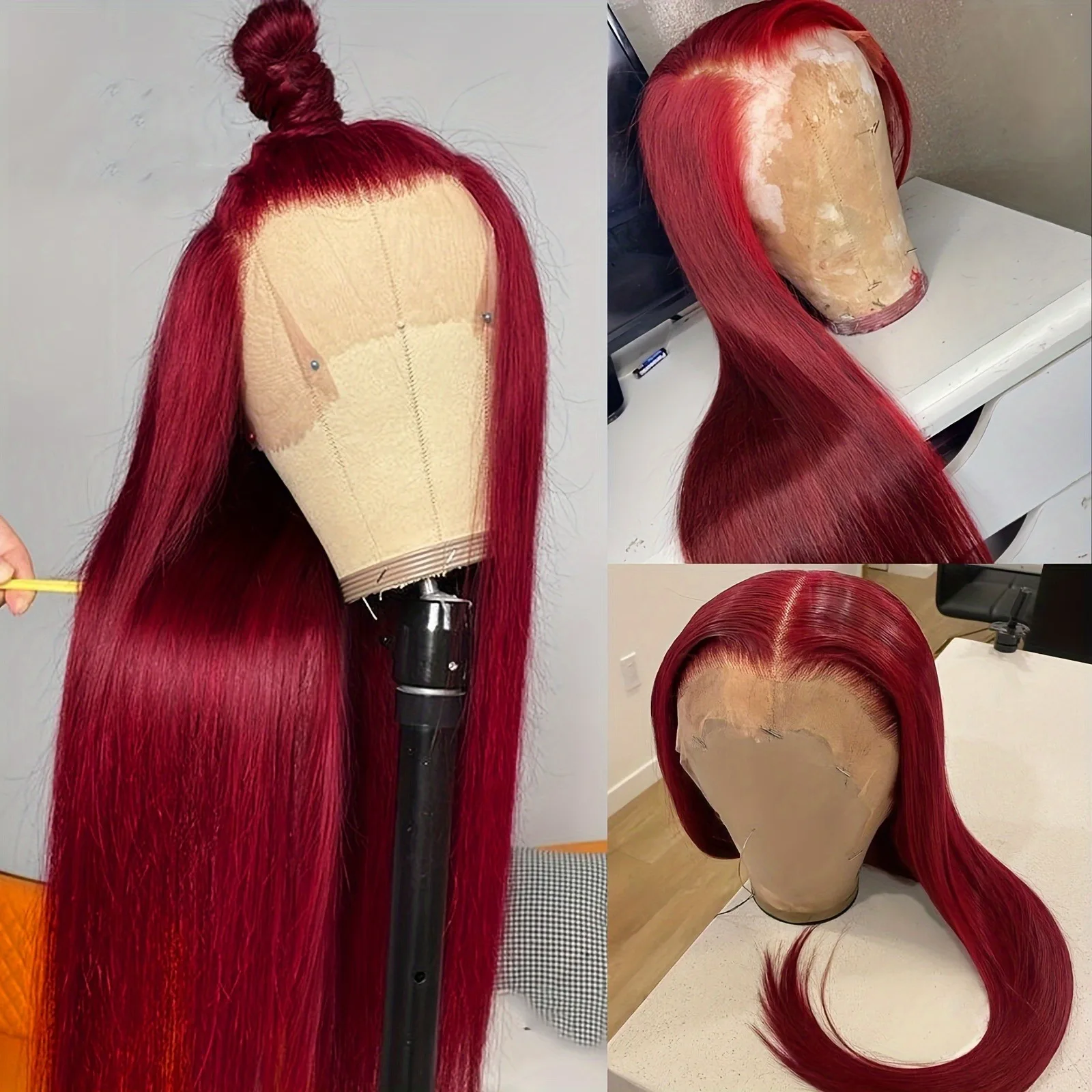 

99J Burgundy Red Bone Straight Lace Front Wig Pre Plucked Glueless Free Part Synthetic And Blend Daily Clearance For Women