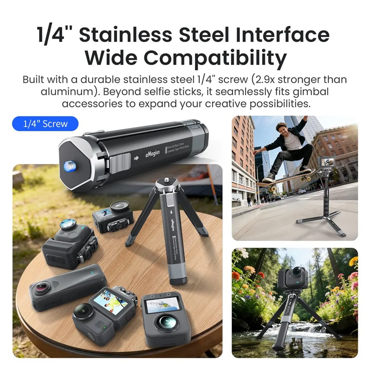 A32I  Metal Extendable Tripod for Action Camera with 1/4 for Phone/DSLR Mirrorless Cameras