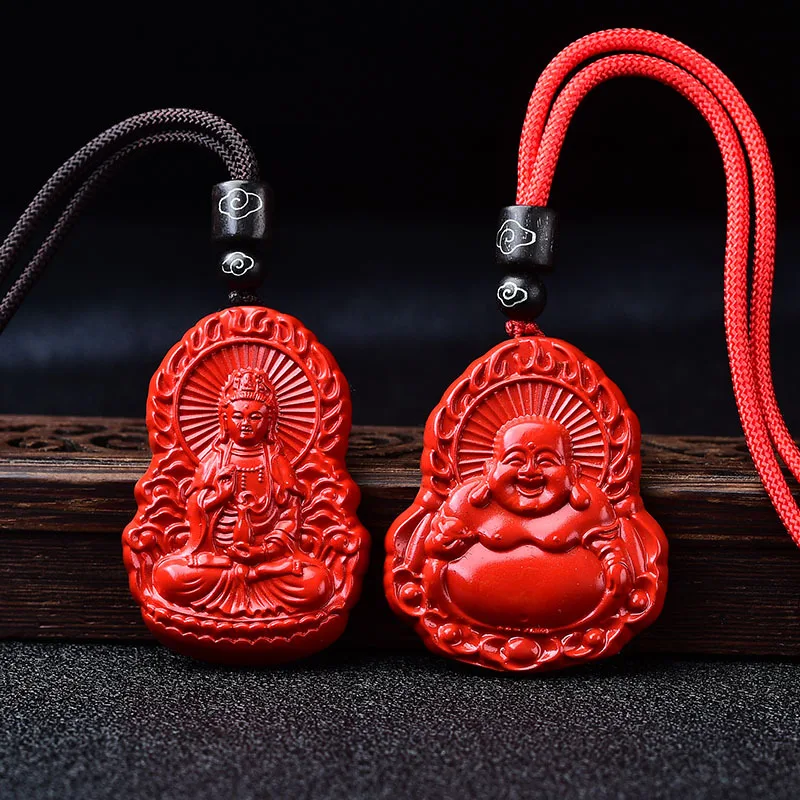 High-Content Natural Cinnabar Pendant Avalokitesvara Buddha Portable Necklace for Men and Women Maitreya Buddha Charm