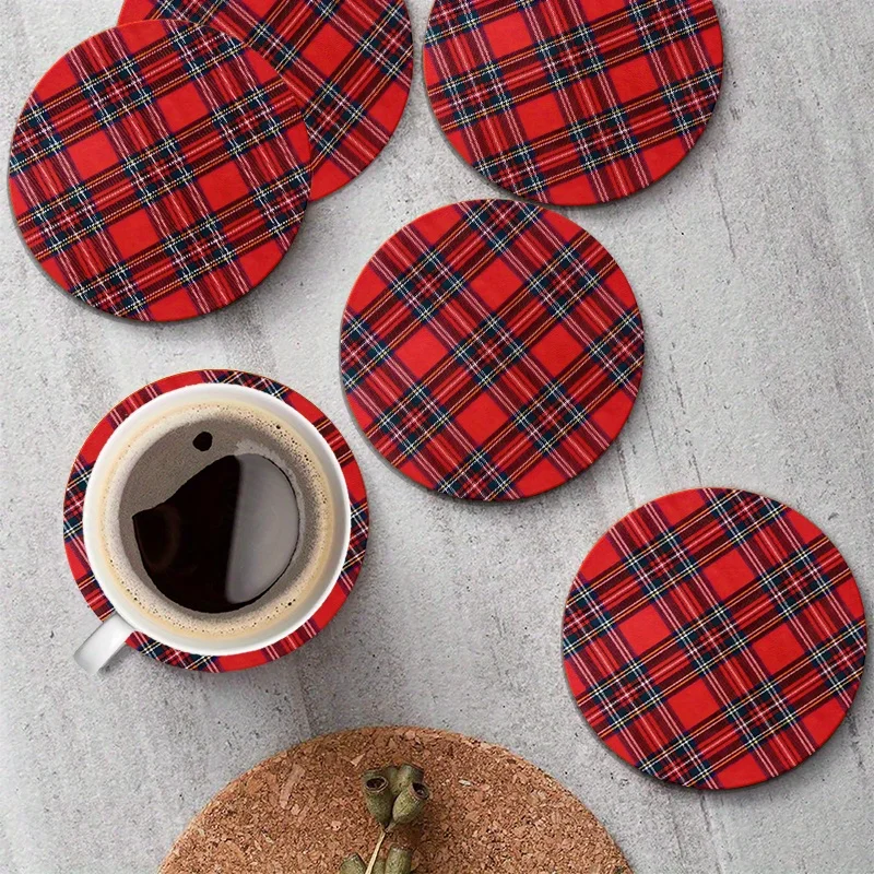 6-Piece Set  Vintage Red Checkered 2D Wooden Coasters Heat Insulation Slip Resistance for Coffee Shops Offices Home Decor Gifts