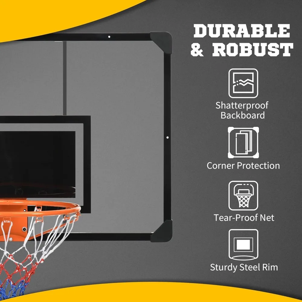 Aro de baloncesto montado en la pared para interiores/exteriores con tablero trasero inastillable de 45 x 29, borde duradero, red para todo tipo de clima para uso doméstico