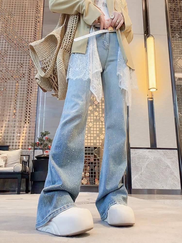 

Women's Heavy Embellished Lace Belted Bell Bottom Jeans Pearl Rhinestone Spring 2026 High Waist Denim Skinnies Ladies Fashion
