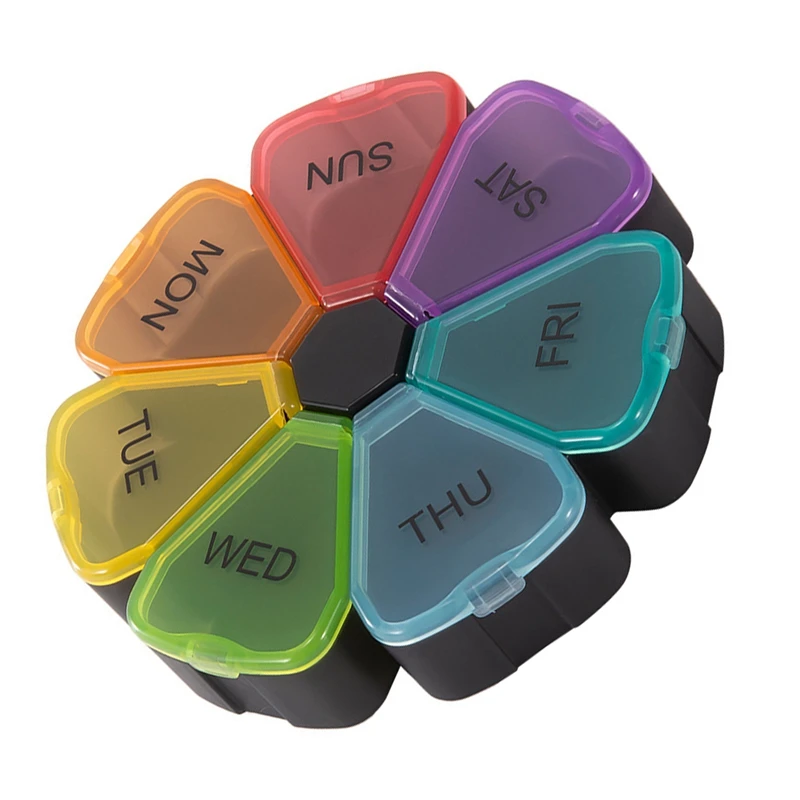 1 Piece Round Portable Pill Box PP Medicine Planner Round Shaped Small Case Weekly Pill Organizer 7-Sided Pill Reminder