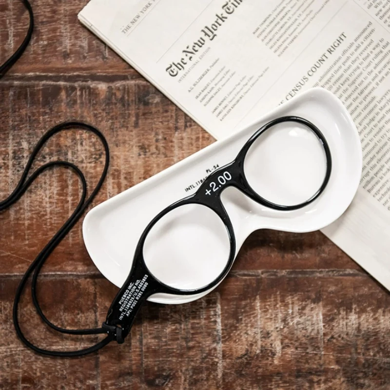 2X Stylish Retro-inspired Portable Magnifying Glass Shaped Like Black Eyeglasses with a Lanyard Magnifier Helping Hands Loupe