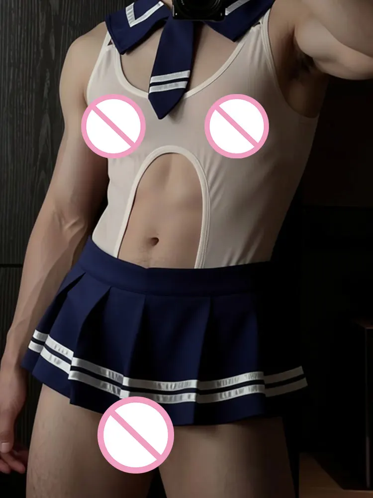 Men's sexy porno lingerie Tie hollow out crotchless mini skirt role-playing costume Sailor Uniform Themed sex suit femboy adult - view 2