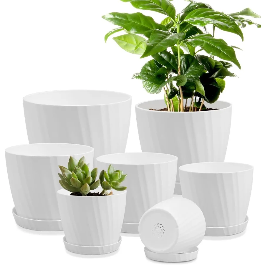 

7 pcs Plant Pots with Drainage Holes and Saucers Indoor Planters Set of 7 7.5 7 6.5 6 5.5 4.5 3.5 Inches White