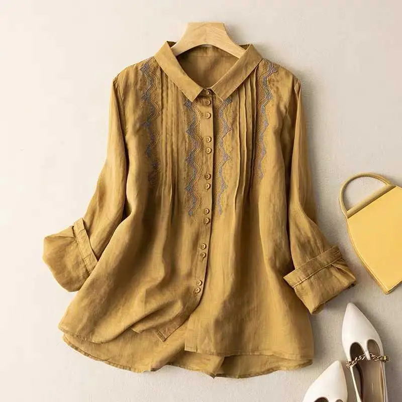 2893 Embroidered Ramie Shirt Women's Artistic Retro Cotton Linen Top Loose Casual Shirt 2024 Autumn New