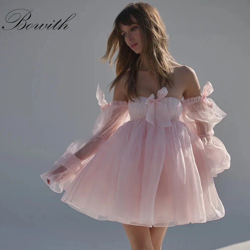 

Bowith Baby Pink Mini Length Prom Dresses Customized Sweetheart Off the Shoulder Party Dresses Above Knee Evening Dresses