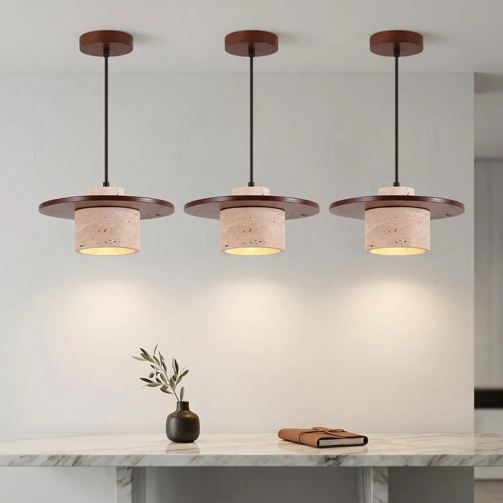 4‑Light Linear Travertine Pendant Light,Wabi‑Sabi Natural Stone & Walnut Wood Dining Chandelier,Adjustable Cord LED Hanging Lamp