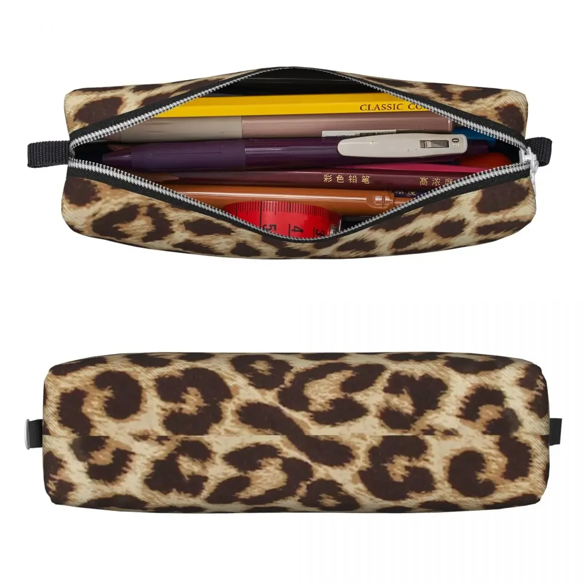 Lovely Leopard Print Fur Look Texture Pencil Cases Pencilcases Pen Holder for Student Big Bag School Supplies Zipper Stationery