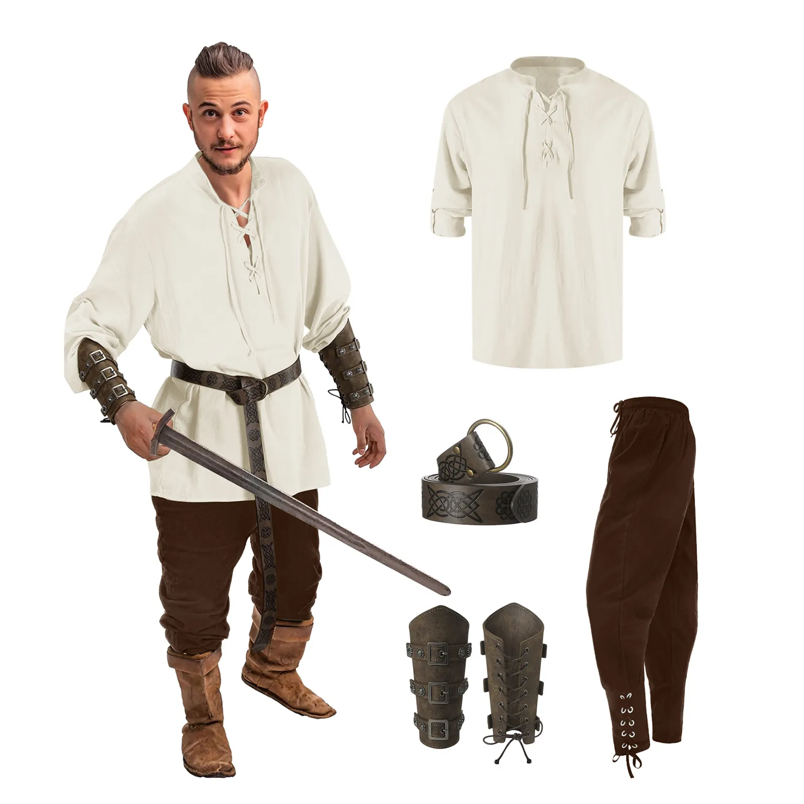 

4 Piece Set Renaissance Men's Suits Waist Belt Shirt Arm Guards Pant Sets Pirate Cosplay Costume Medieval Halloween Accessories