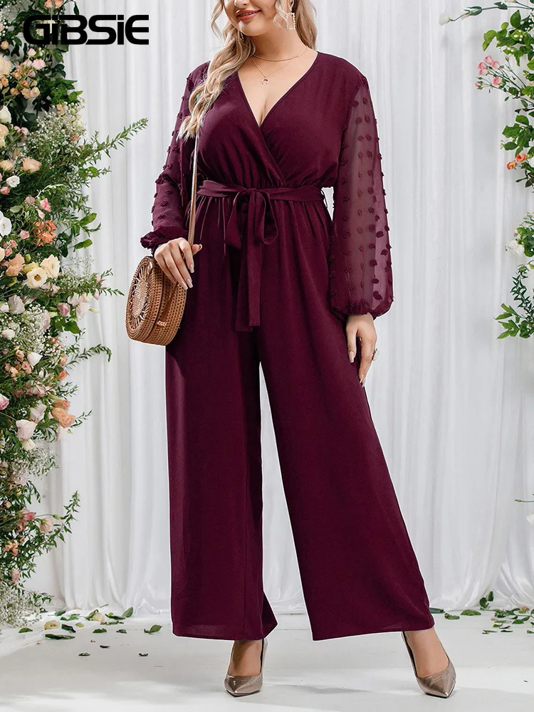 

Женский комбинезон GIBSIE больших размеров с сетчатыми рукавами в швейцарскую горошковую клетку, с поясом, весна-лето, V-образный вырез, свободный крой, высокая талия, элегантный, с широкими штанинами