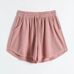 Pantalones cortos deportivos para mujer, Pantalón elástico de cintura alta, con cordón, fruncido, hilo de rosca, sólido, informal, dulce