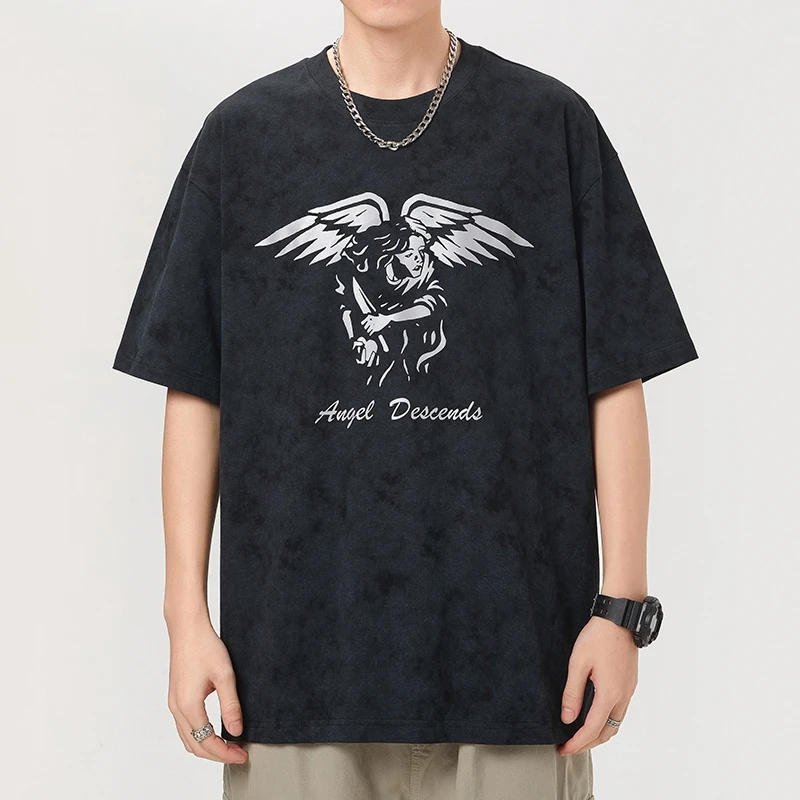 Washed Mens Oversized Short Sleeeve Men's Tee With Angel Wing Print Streetwear Crew Neck Casual Loose Trendy T-shirt DH5P