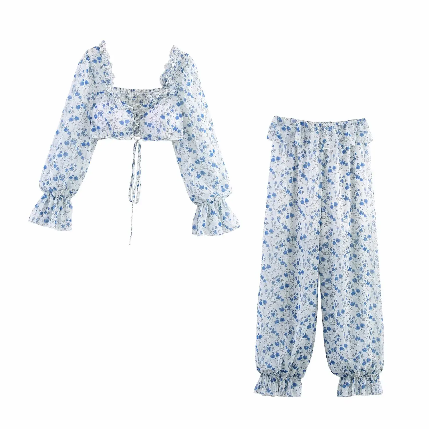 

2025 Holiday Style Autumn Women's Trousers Beach Suit Ruffled Floral Trumpet Sleeve Lace-up Top + Trousers 2-piece Set