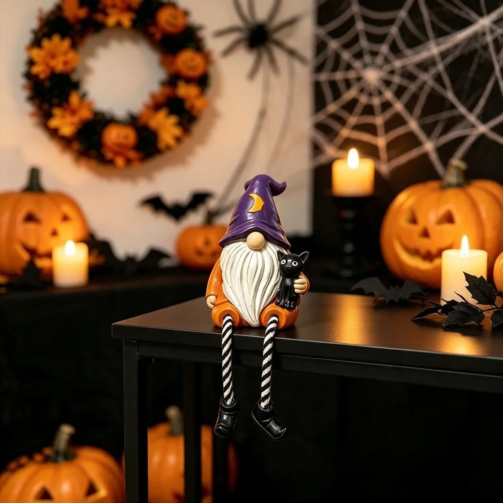Hand-Painted Halloween Gnome Shelf Sitter Resin Spooky Crow Black Cat Gnome Figurine Striped Legs Pumpkin