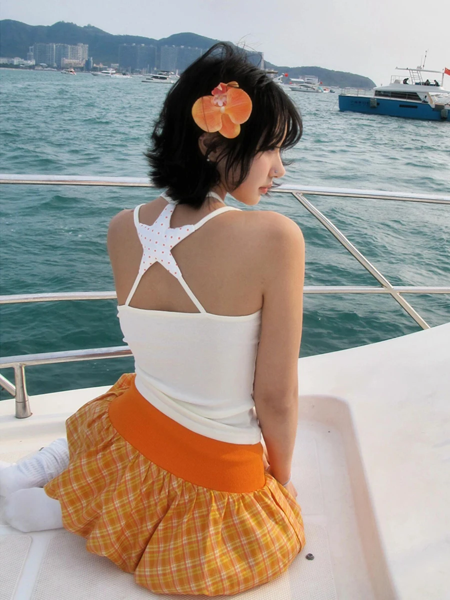 REDDACHiC Star Racerback Top Bubble Rok Vrouwen Set Y2k Gebreid Hemdje Elastische Taille Voering Mini Geruite Rok Zomer Dagelijkse Slijtage