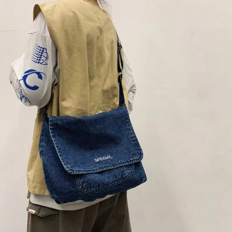 Denim Messenger Bag Vrouwen Mannen Grote Capaciteit Canvas Schoolboek Crossbody Tassen Voor Student Schoudertas