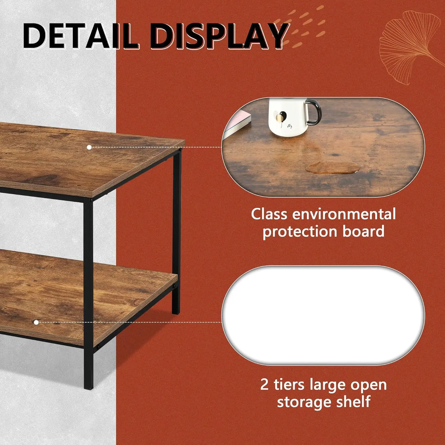 Small Brown Rectangle Wood and Metal Coffee Table with Storage Shelf for Small Living Rooms Wide Application Easy to Assemble