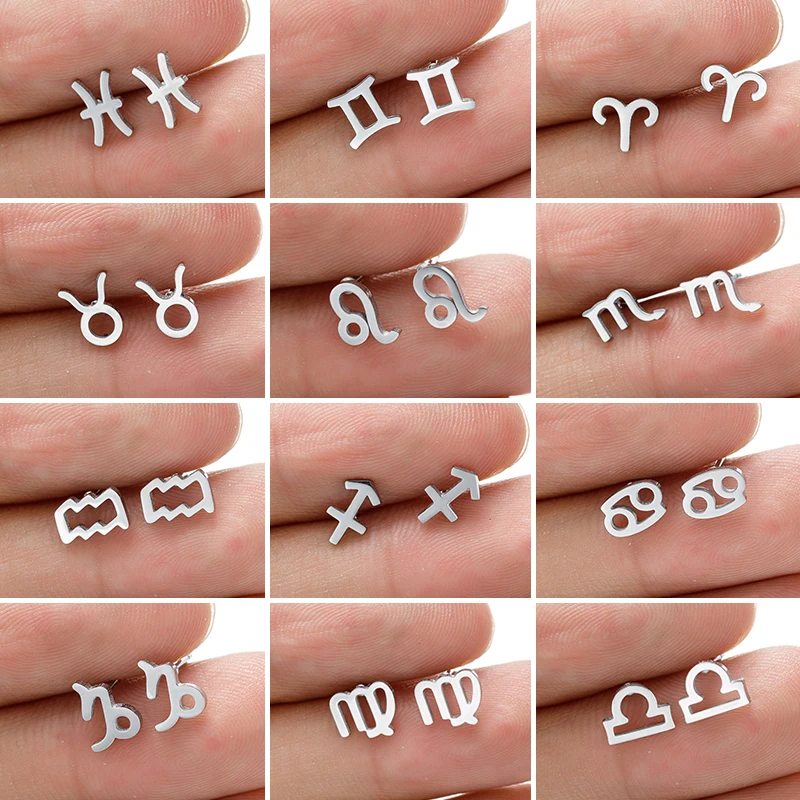 Tiny Stainless Steel 12 Zodiac Earrings for Women Fashion Constellation Symbol Earings Jewelry Girls Birthday Gift Libra Aries