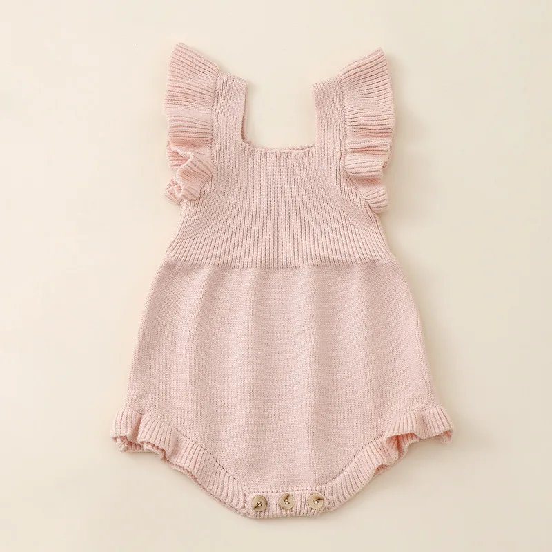 0-4 Y KIds Breathable Cotton Multiple Colors and Comfortable Infant Outfit Baby Girl Knitted Romper with Ruffled Flutter Sleeves