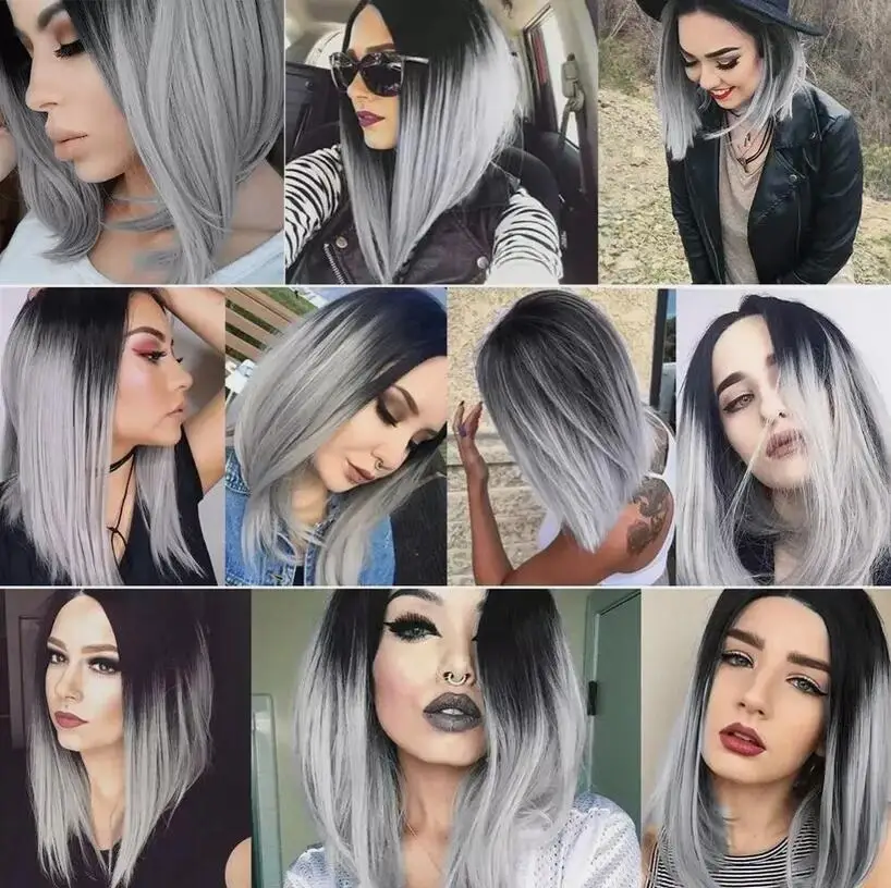 Short Straight Bob Wigs Ombre Gray Synthetic Daily Party Cosplay Wigs None Lace