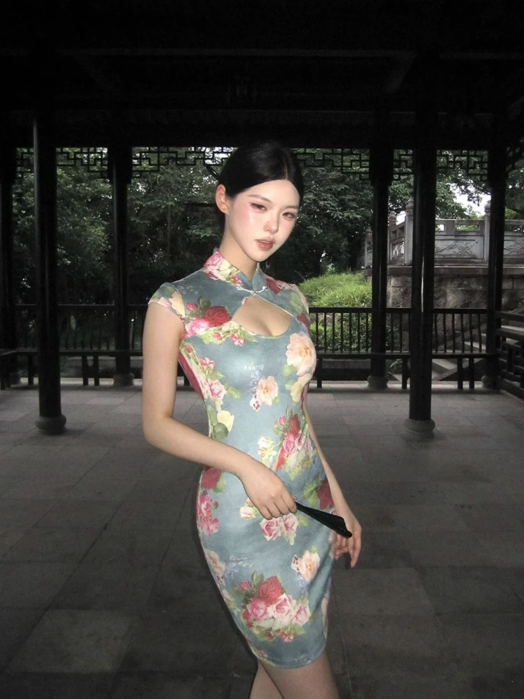 

Sexy Hollow out Stand Collar Qipao Dress Women's Summer Tight Fit Retro Print Skirt City Commuting Date Party Work