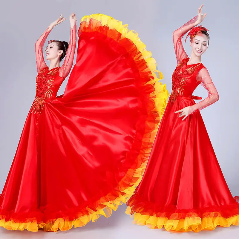 new pattern bright red big swing skirt female adult flower costume New opening dance dress stage dance dresses female