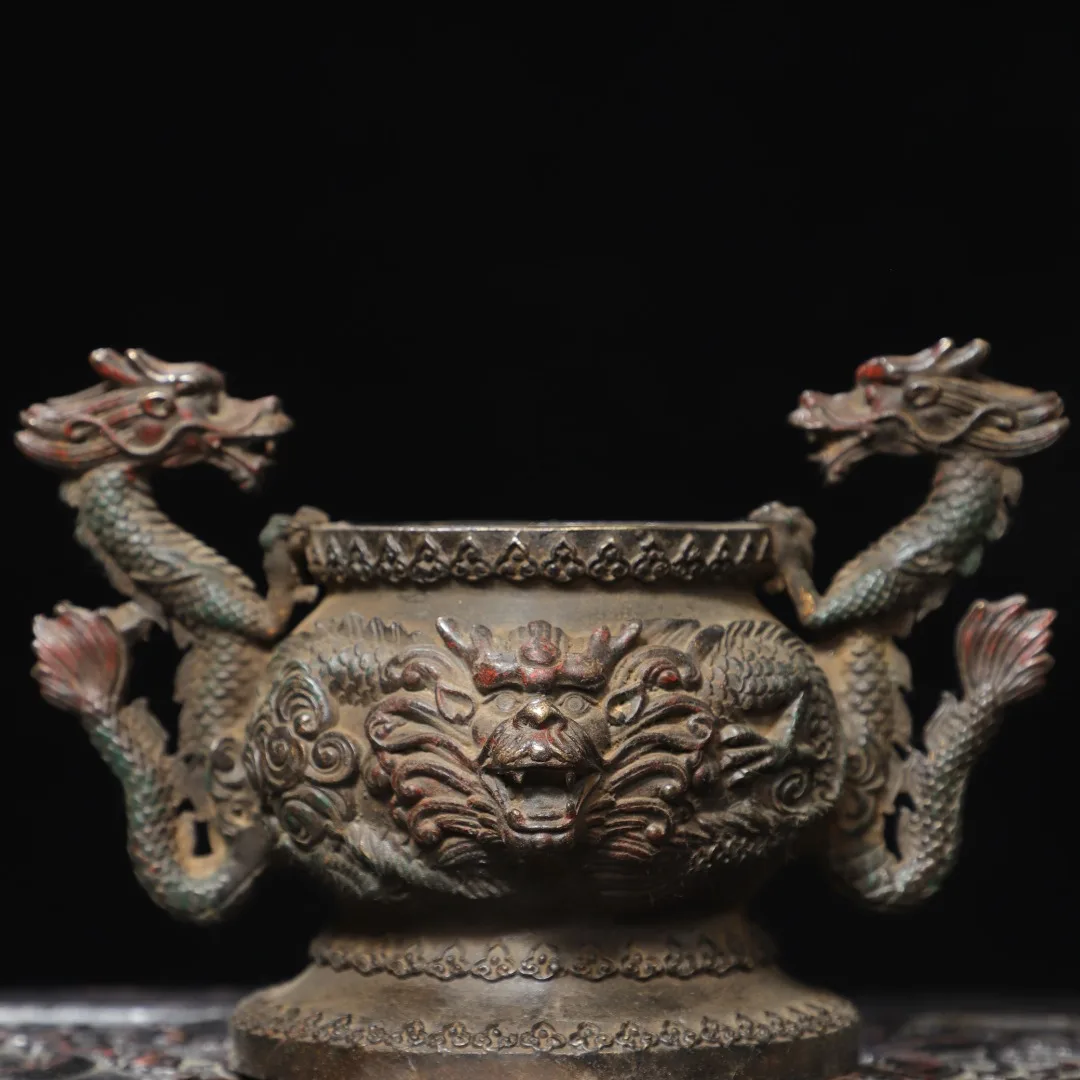 Old copper Double dragon incense burner decoration statue, Free shipping