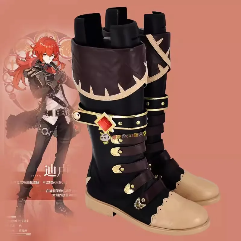 Anime Genshin impact Diluc Ragnvindr Cosplay Shoes Game Long Boots Diluc Cosplay Costume Prop Shoes for Halloween Party