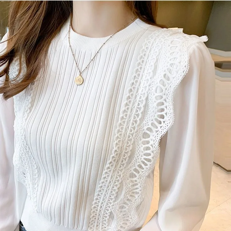 Women\'s Autumn Winter Fashion Elegant Solid Round Neck Pullover Gauze Splice Casual Versatile Bubble Sleeve Loose Chiffon Tops