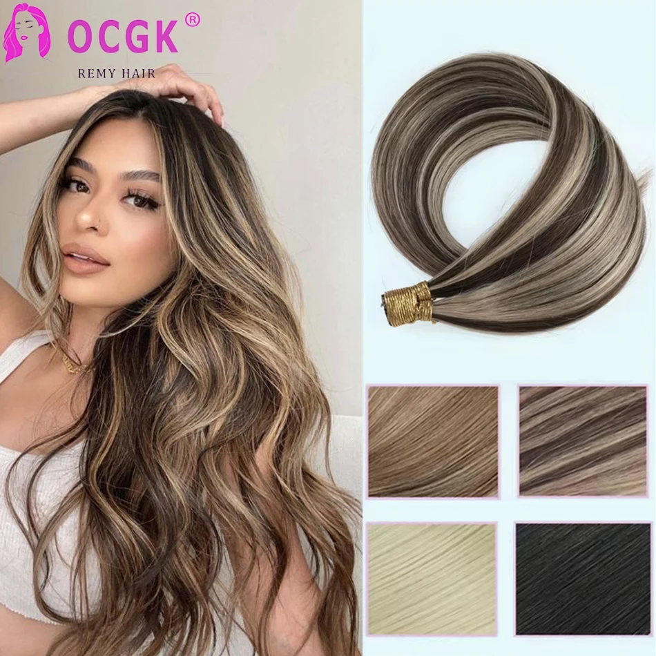 OCGK Straight I Tip Hair Extensions Human Hair Brown Highlight Golden Blonde Real Human Hair Fusion I Tip Extentions