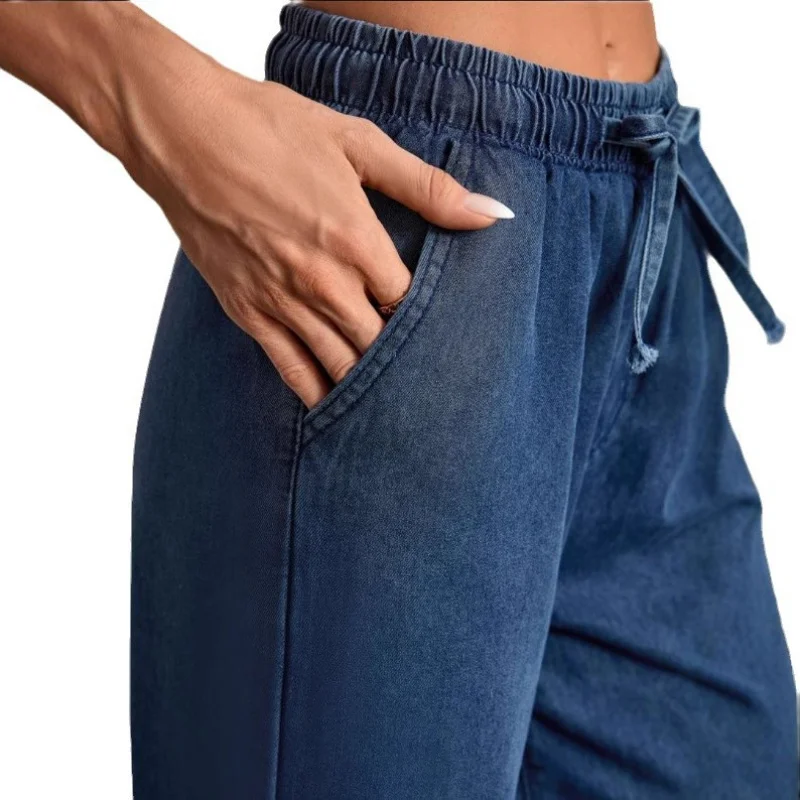 جينز أزرق نسائي خفيف الوزن عالي الخصر للتخسيس فضفاض بنطال ذو قصة أرجل واسعة تأثير الساق طراز كوري مريح أوروبي و #4