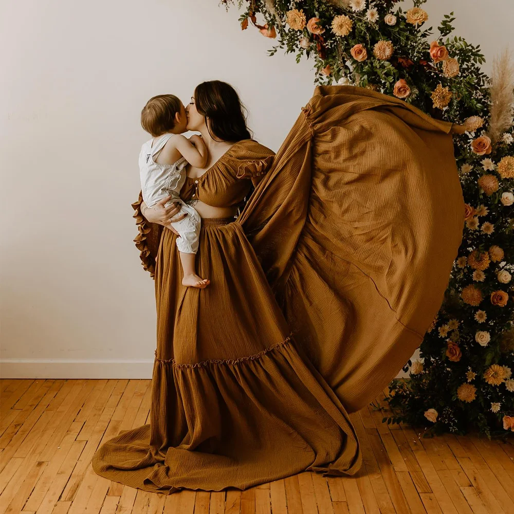 

Bohemian Photo Shooting Pregnancy Dress Comfortable Cotton Pleated Sleeves Two-Piece Set Maternity Photography Dress Outfit