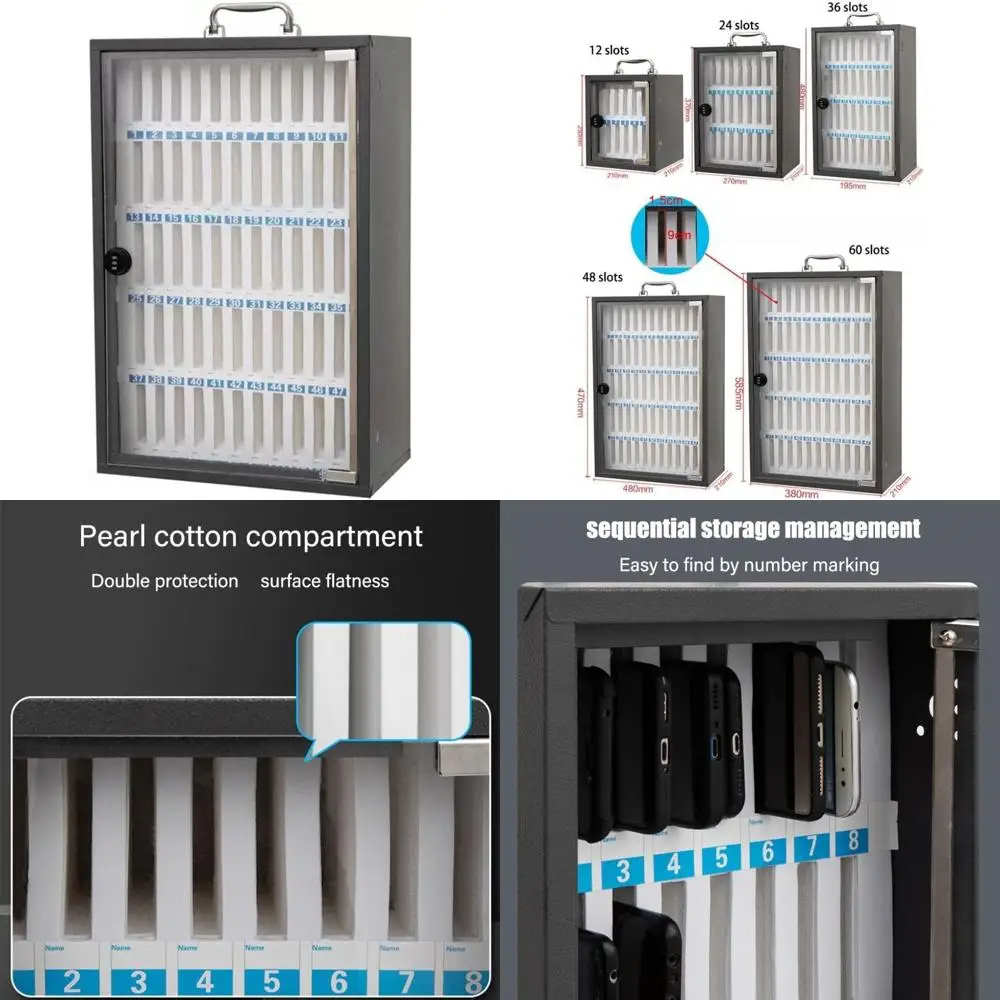 

Stainless Steel Wall-Mounted Cell Phone Storage Box with Code Lock for 12-60 Slots, Ideal for Schools, Factories, and Companies