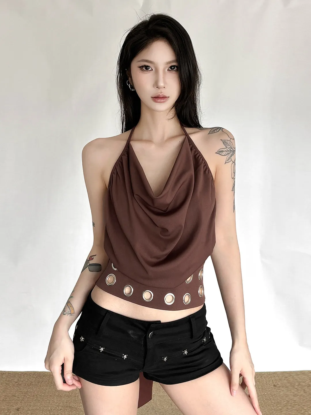 Women's Brown Tank Top Y2K Gyaru Hollow Patchwork Cowl Neck Crop Top Halter Tie-up Cropped Camisole Top for Women Summer 2026