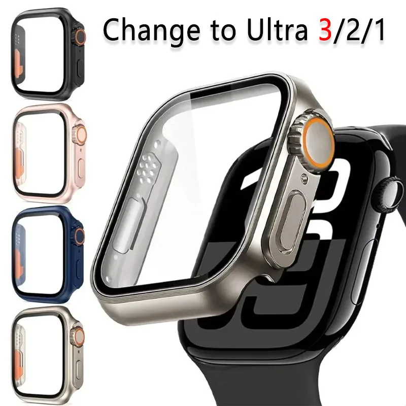 Glass+Case For Apple Watch 11 10 46/42mm 9 8 7 45/41mm Screen Protector Change to Ultra 3/2/1 iWatch 6 5 SE 44/40mm Bumper Cover
