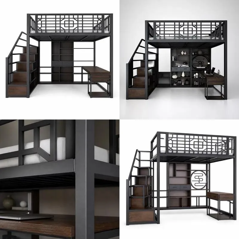 Industrial Double Deck Black Metal Loft Bed with Stairs and Storage Rack Heavy Duty Bunk Bed Sustainable American Style for