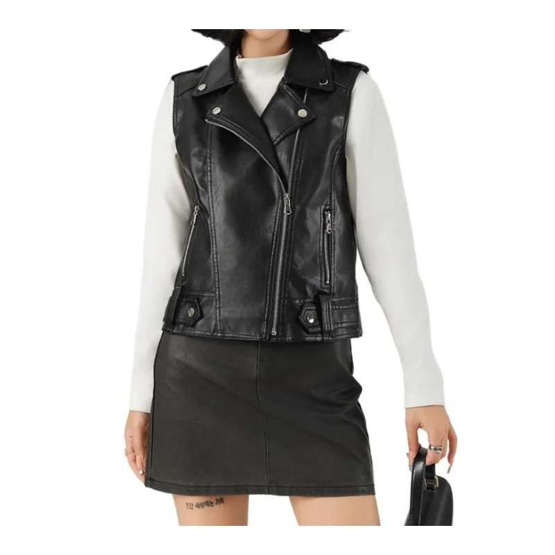 Modny garnitur, skórzana kamizelka z klapami, nowa, uniwersalna damska kurtka skórzana na wiosnę 2026